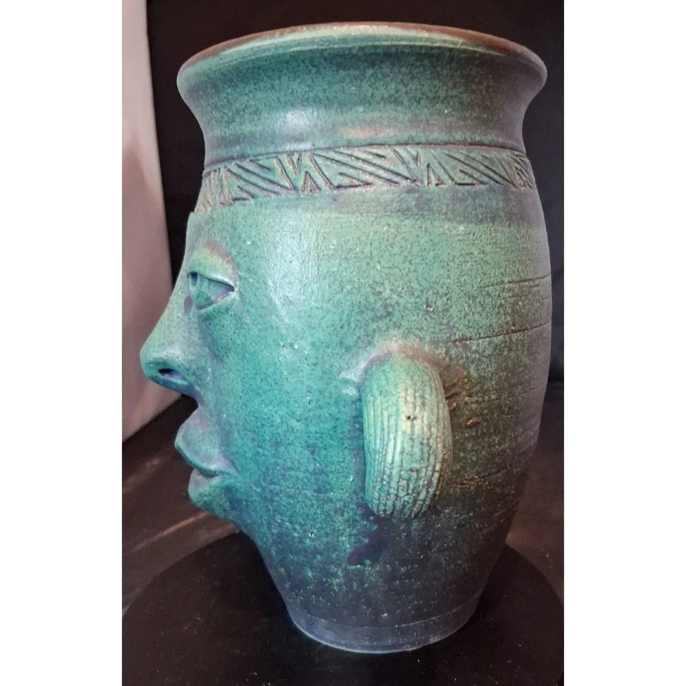 Bruce Fontaine Orig. Turquoise Glazed Ceramic Vase with Abstract Human Face